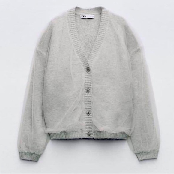 Zara cardigan Sweater knit contrast tulle grey with sheer tulle size Medium NWOT - Picture 2 of 7